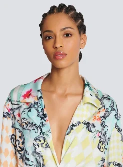 New Loose Belted Shirt With Baroque Print Women Tops And Shirts