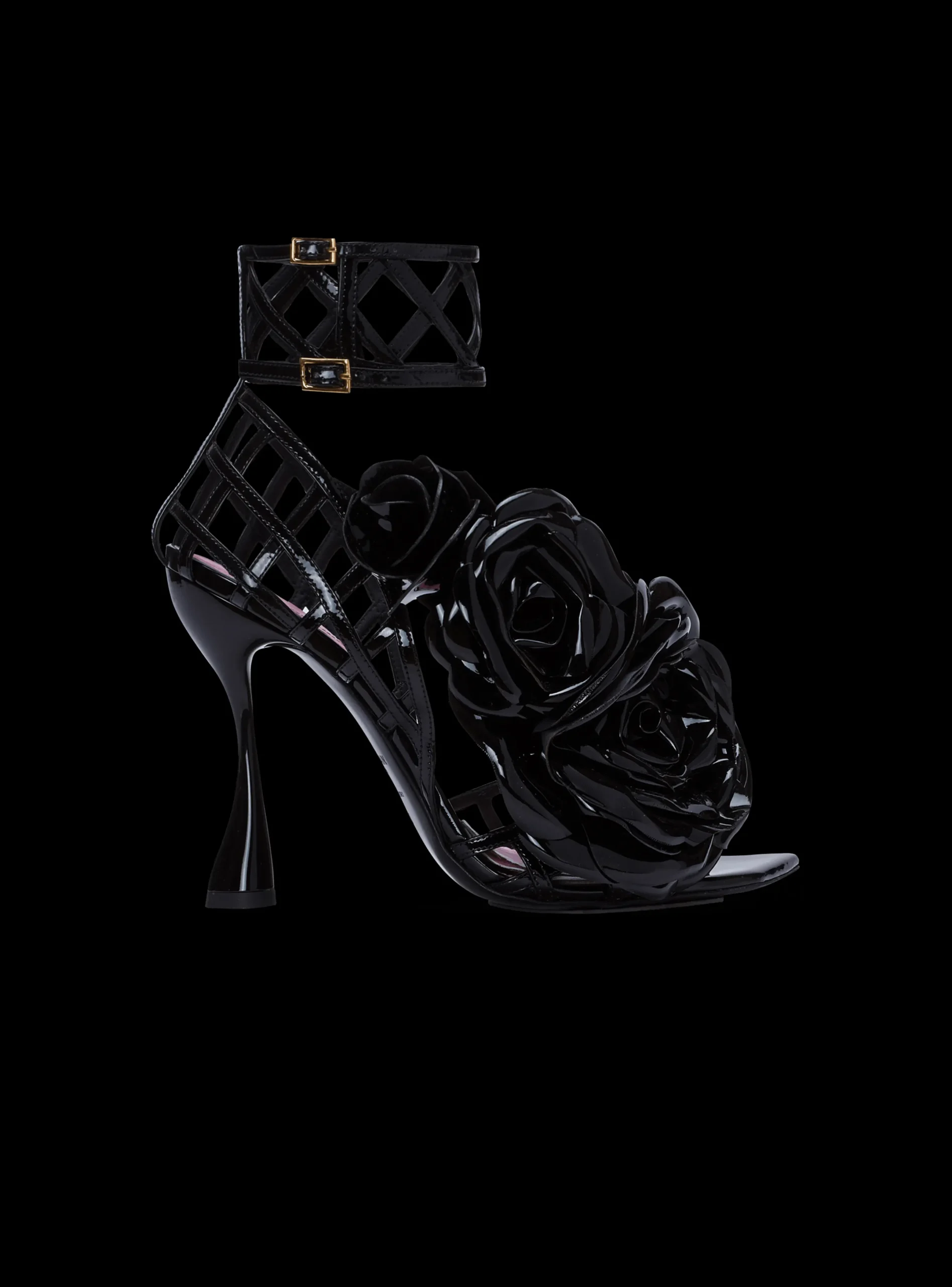 Clearance Patent Leather Eden Sandals With Openwork Grid And Flowers Women High Heels & Pumps