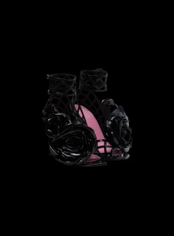 Clearance Patent Leather Eden Sandals With Openwork Grid And Flowers Women High Heels & Pumps