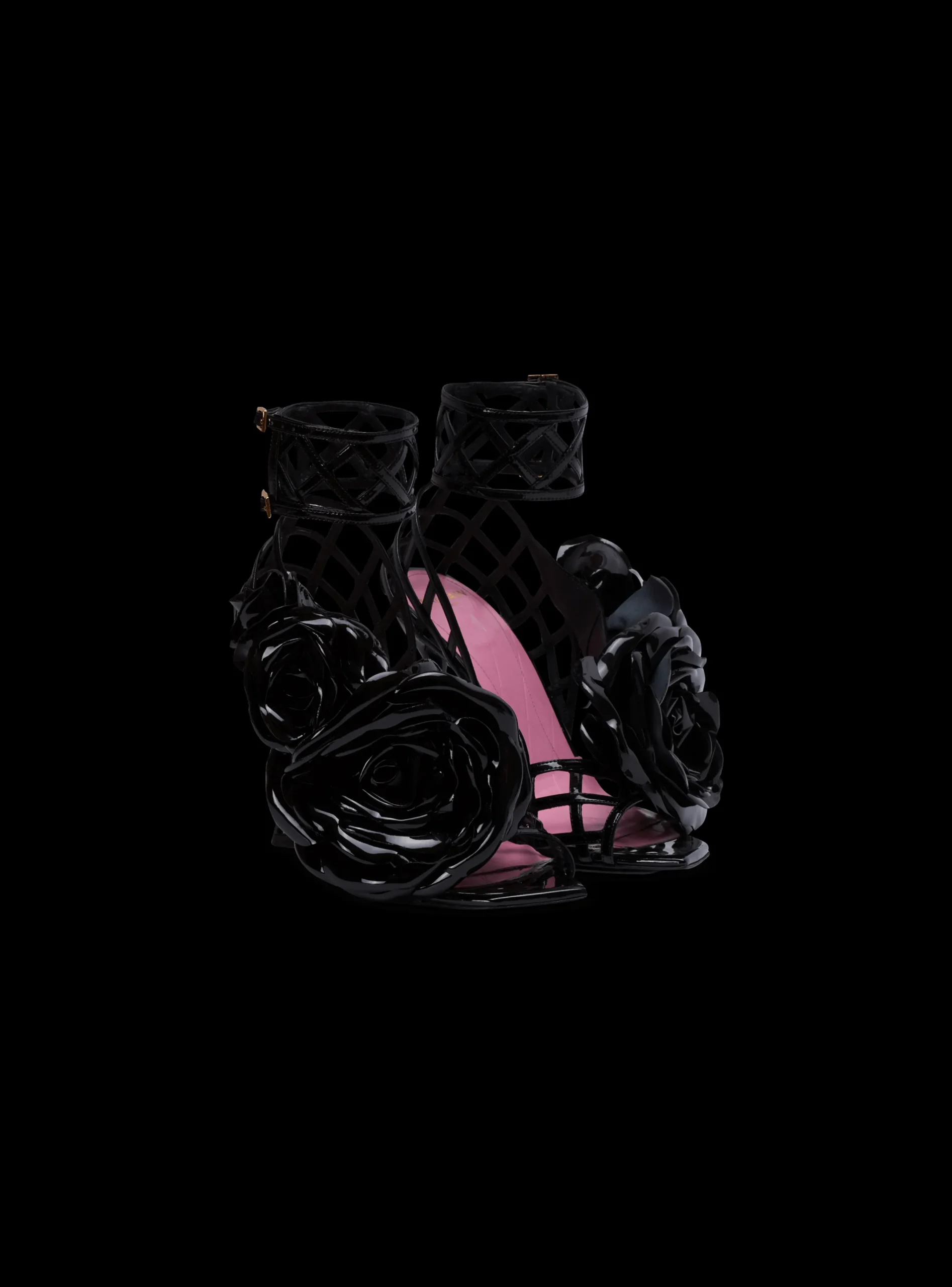 Clearance Patent Leather Eden Sandals With Openwork Grid And Flowers Women High Heels & Pumps