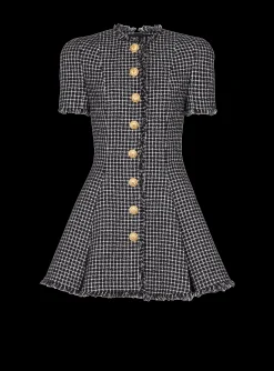 Store Pleated Flared Dress In Gingham Tweed Women Dresses