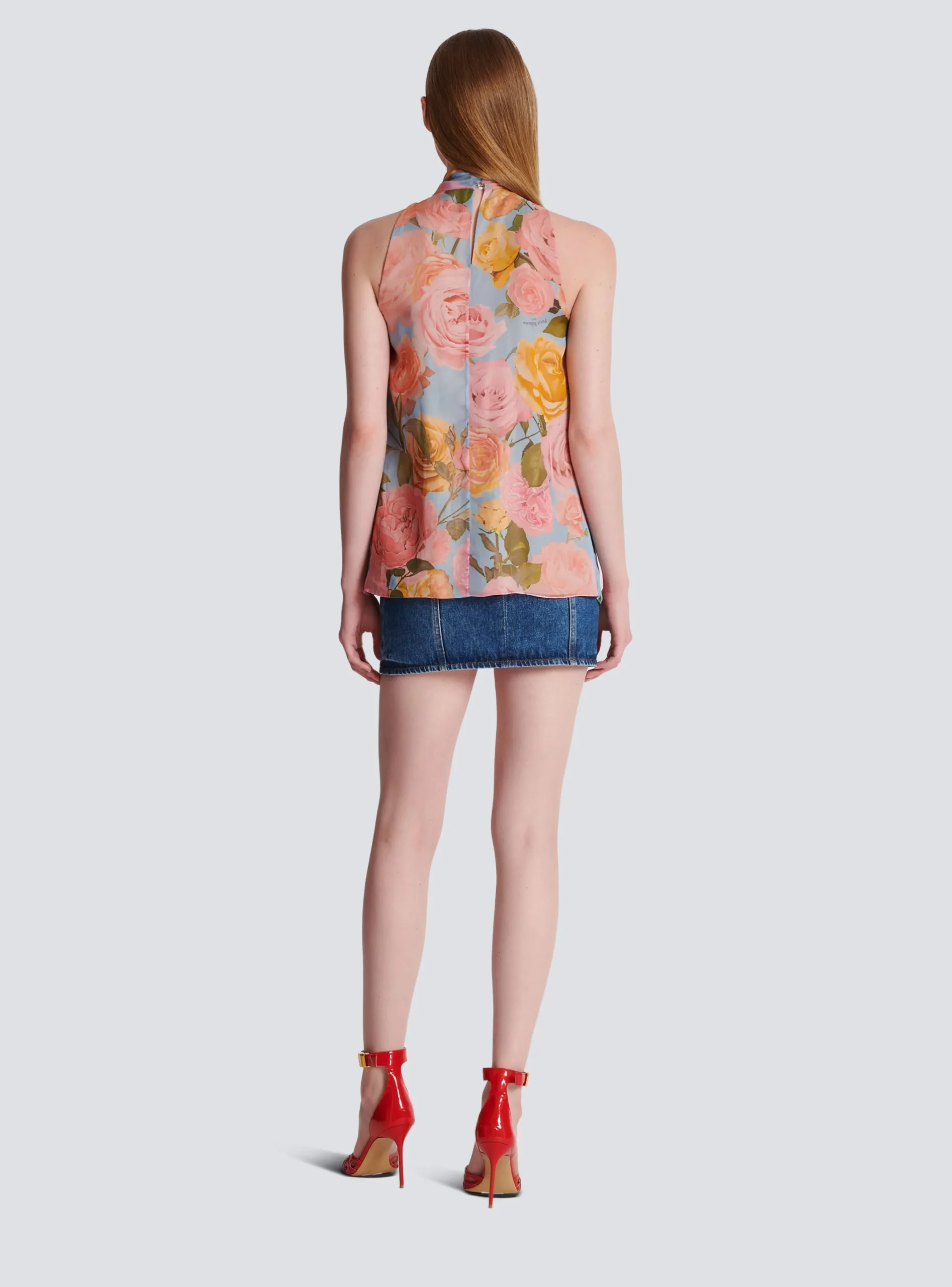 New Pussy Bow Top With Pastel Roses Print Women Tops And Shirts