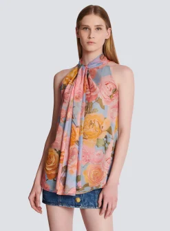 New Pussy Bow Top With Pastel Roses Print Women Tops And Shirts