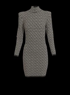 Store Short Bicolor Jacquard Knit Dress With Monogram Women Dresses