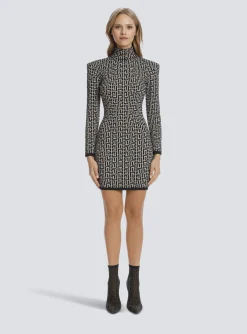 Store Short Bicolor Jacquard Knit Dress With Monogram Women Dresses