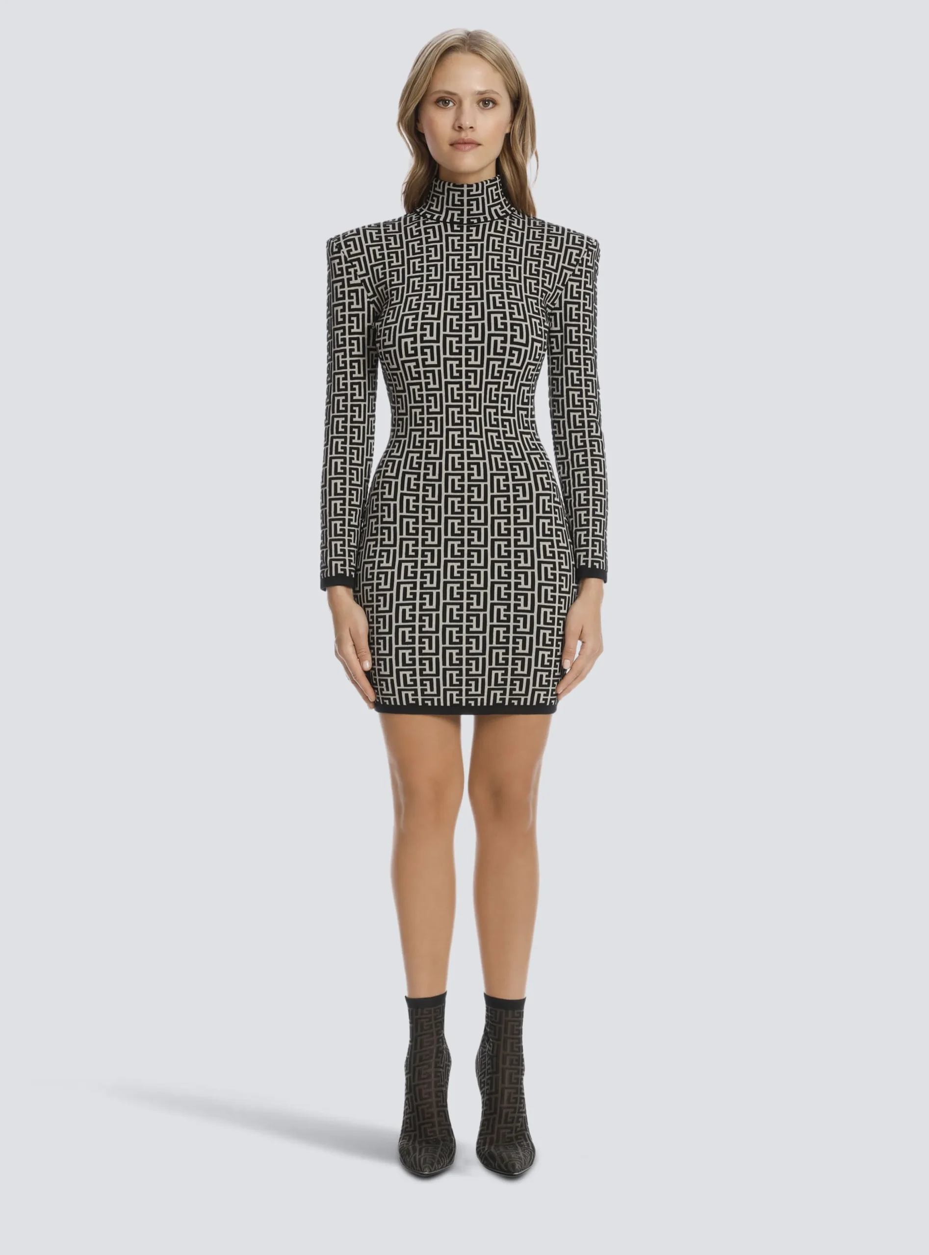 Store Short Bicolor Jacquard Knit Dress With Monogram Women Dresses