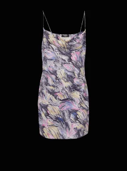 New Short Satin Slip Dress With Feather Print Women Dresses