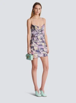 New Short Satin Slip Dress With Feather Print Women Dresses