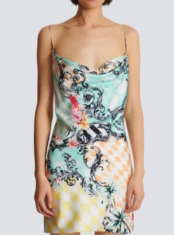 Cheap Short Satin Slip Dress With Baroque Print Women Dresses
