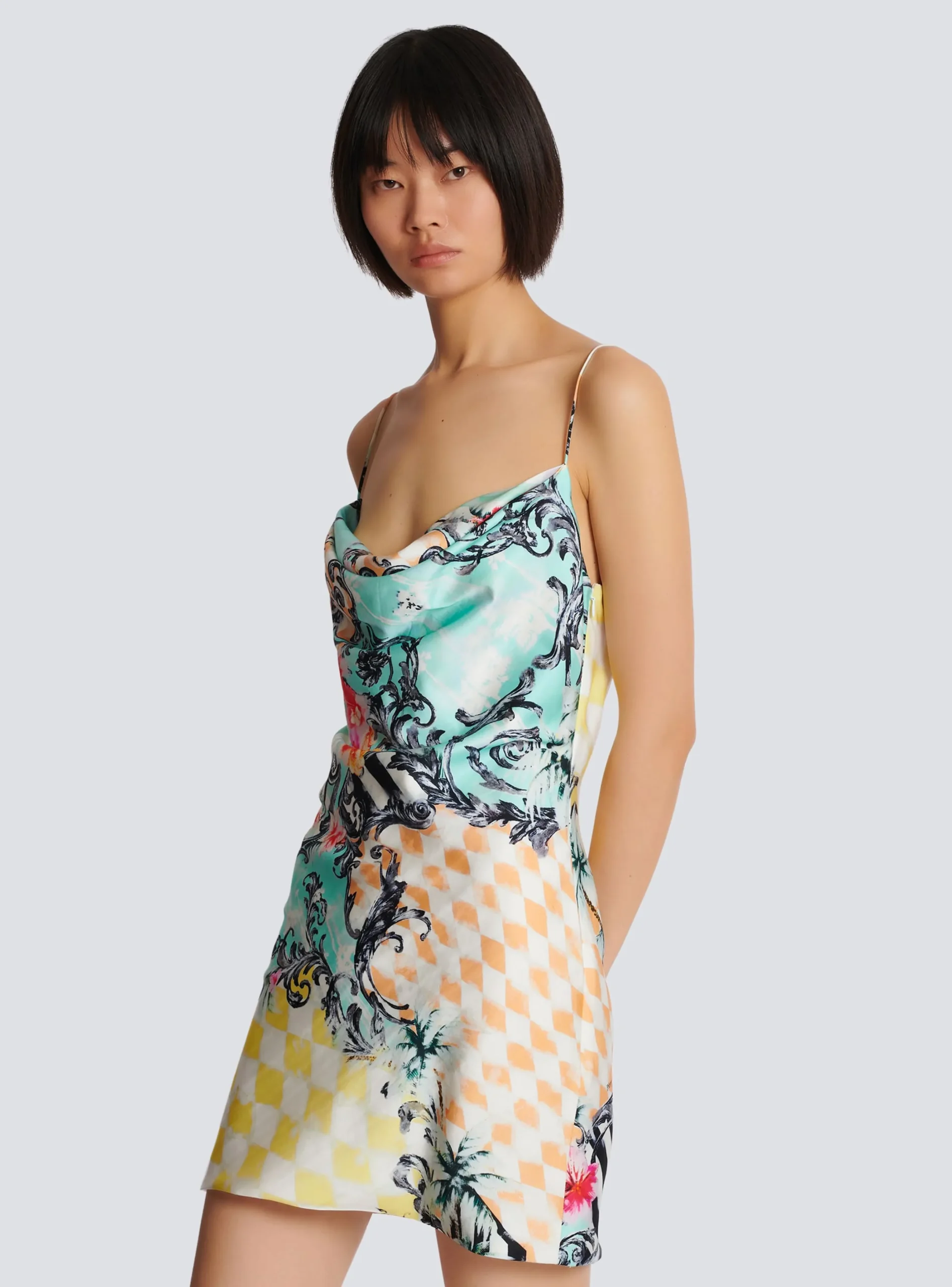 Cheap Short Satin Slip Dress With Baroque Print Women Dresses