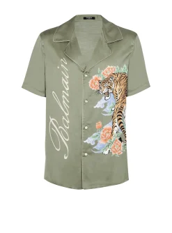Fashion Short-sleeved Satin Shirt With Tiger Print Shirts And Polos