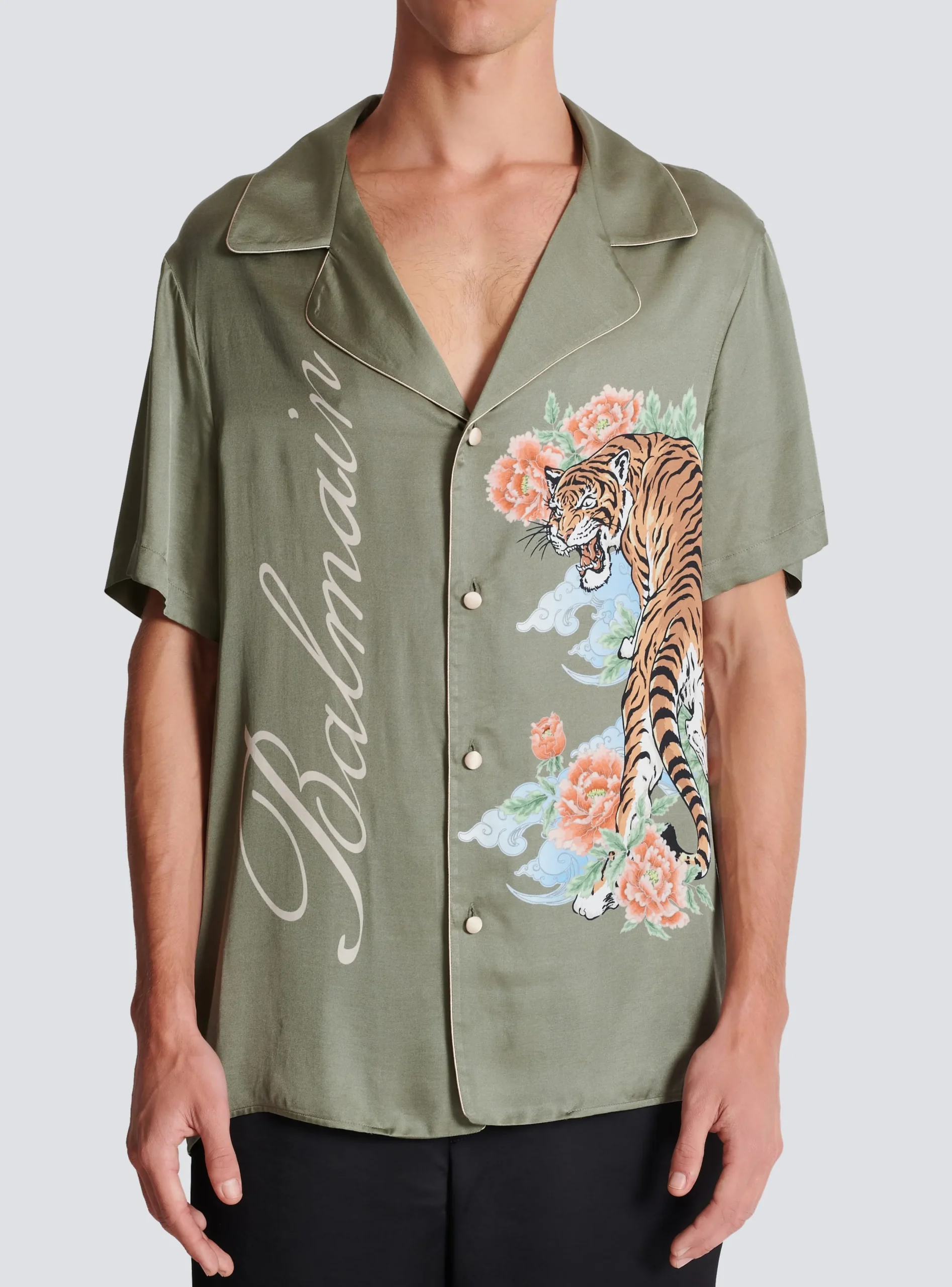 Fashion Short-sleeved Satin Shirt With Tiger Print Shirts And Polos