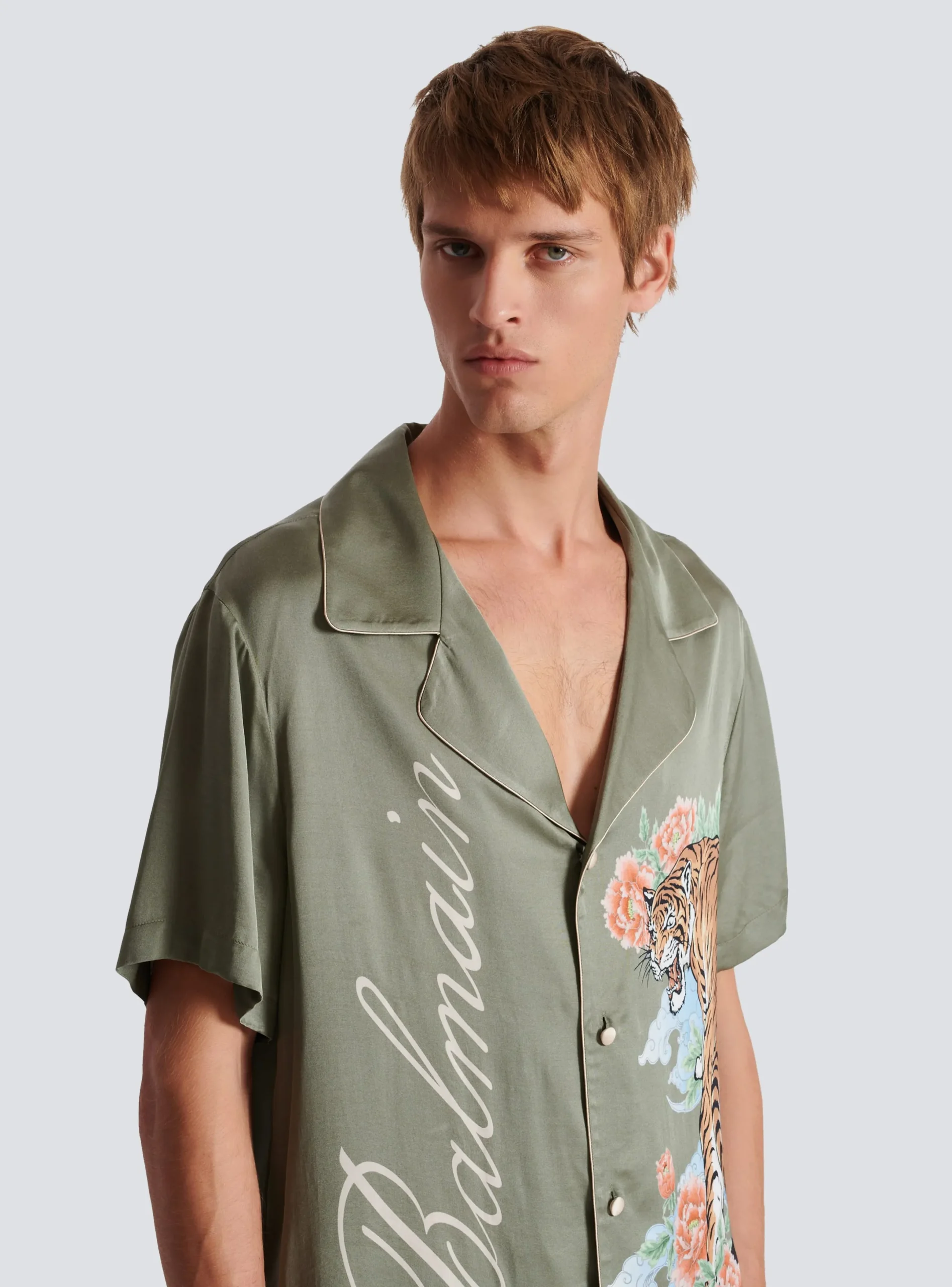 Fashion Short-sleeved Satin Shirt With Tiger Print Shirts And Polos