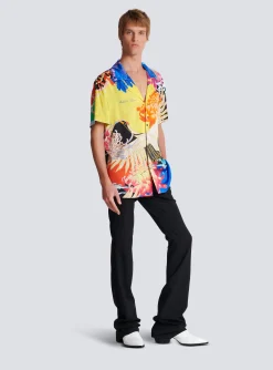 Flash Sale Short-sleeved Satin Shirt With Crane Print Shirts And Polos