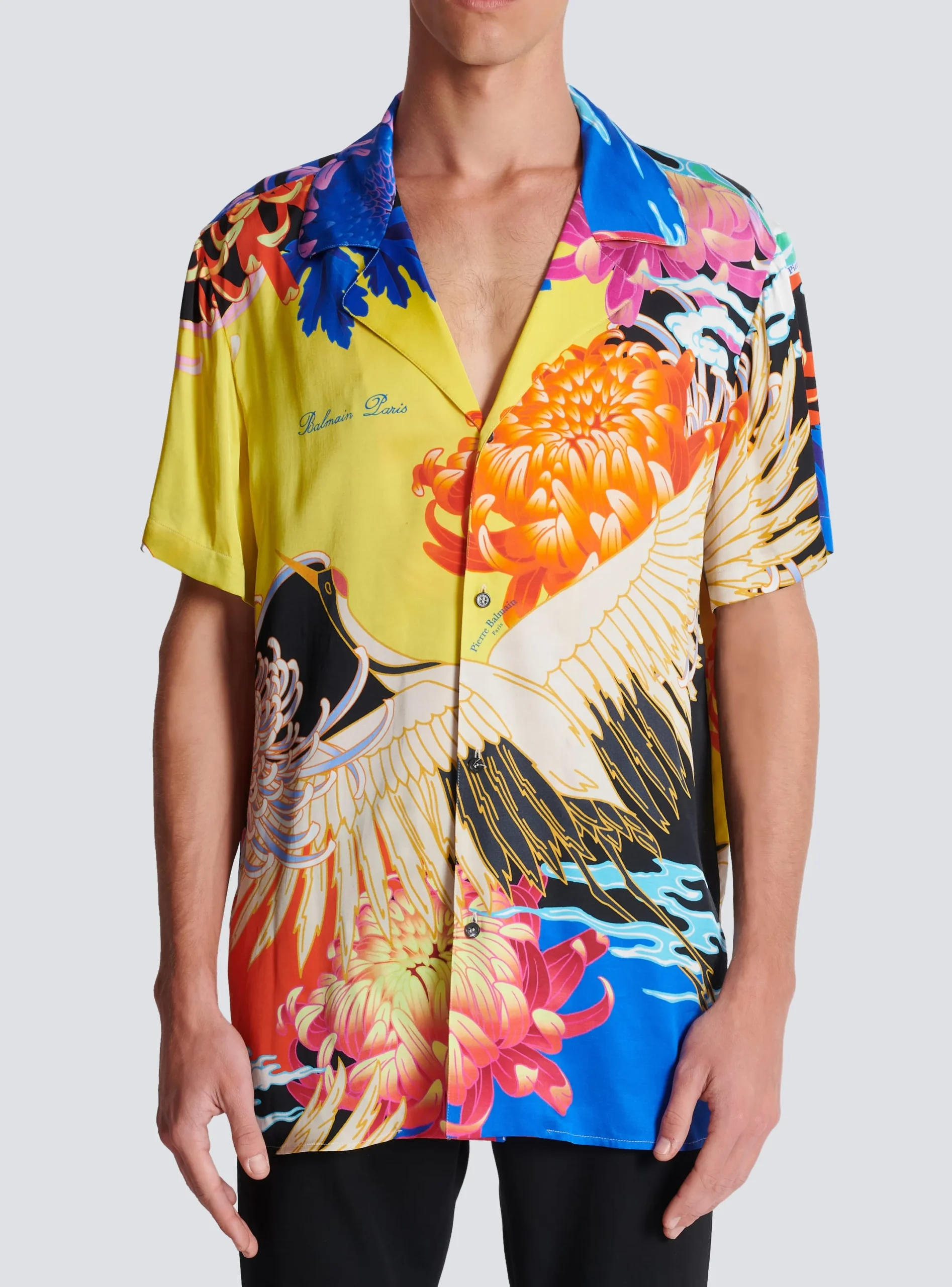 Flash Sale Short-sleeved Satin Shirt With Crane Print Shirts And Polos
