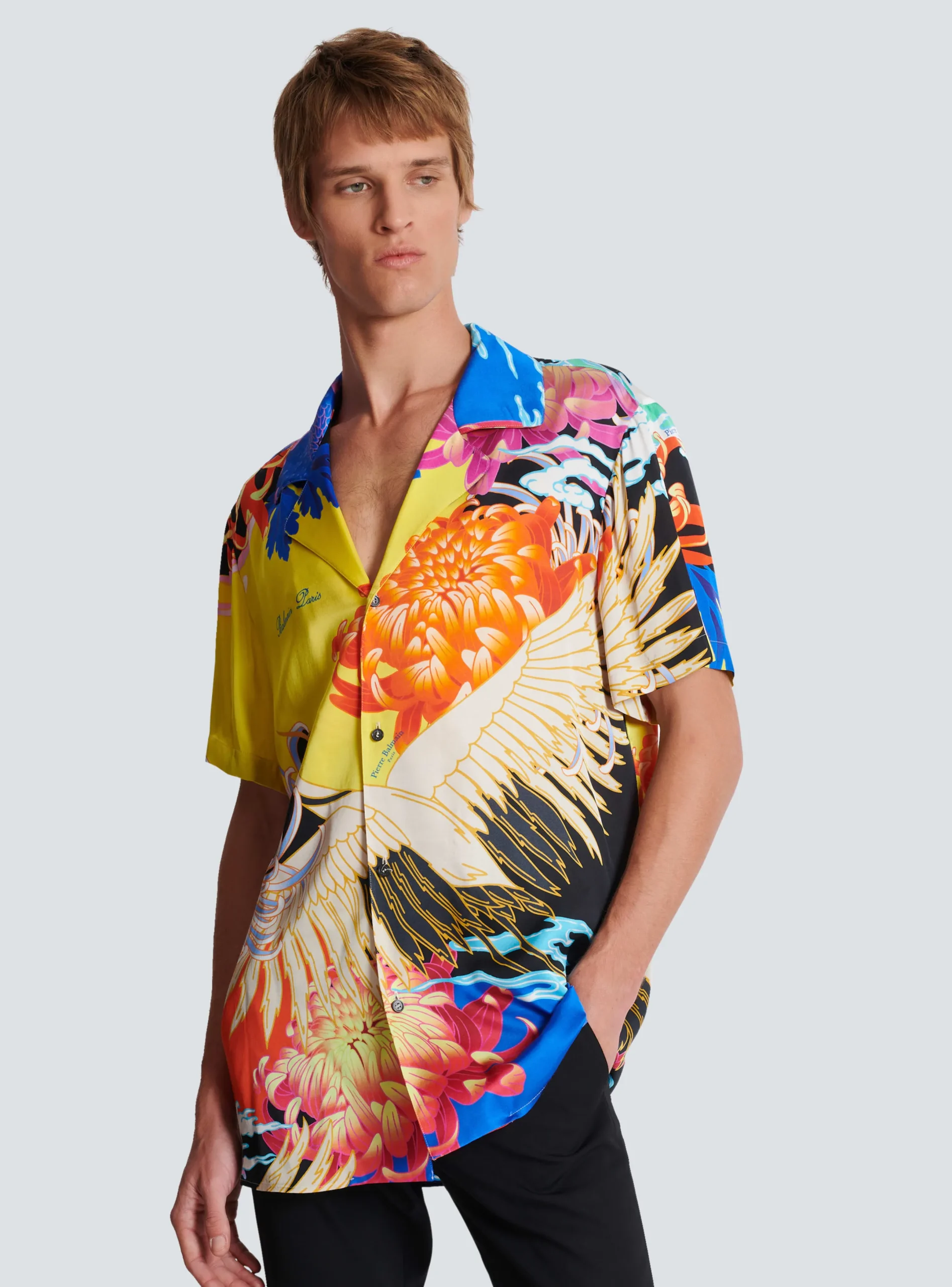 Flash Sale Short-sleeved Satin Shirt With Crane Print Shirts And Polos