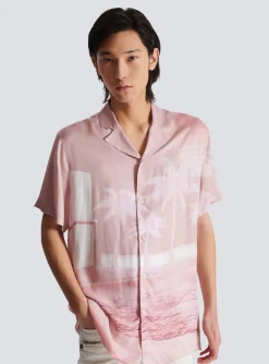 Outlet Short-sleeved Twill Pyjama Shirt With Postcard Print Shirts And Polos