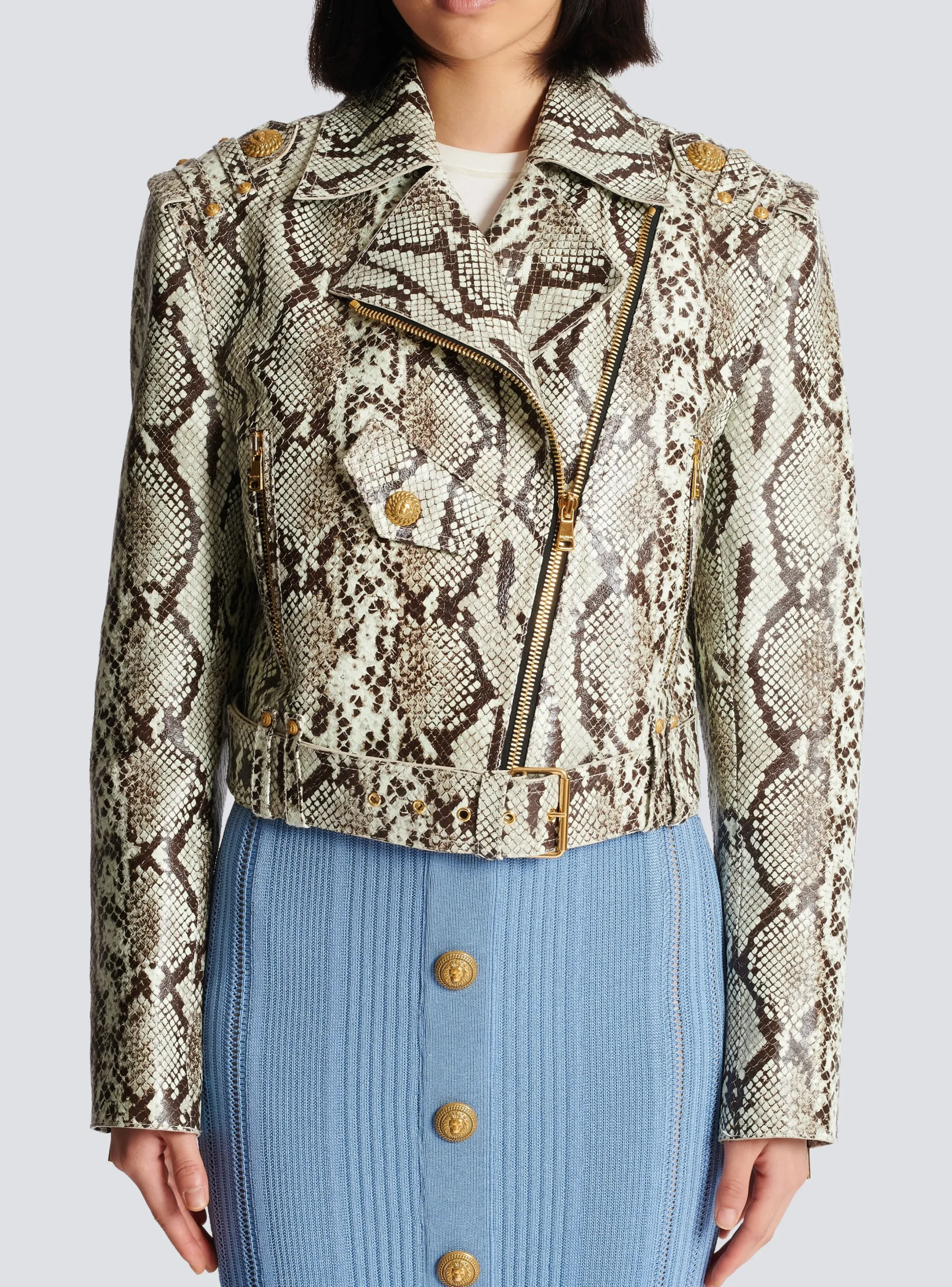 New Snakeskin-effect Leather Biker Jacket Women Outerwear