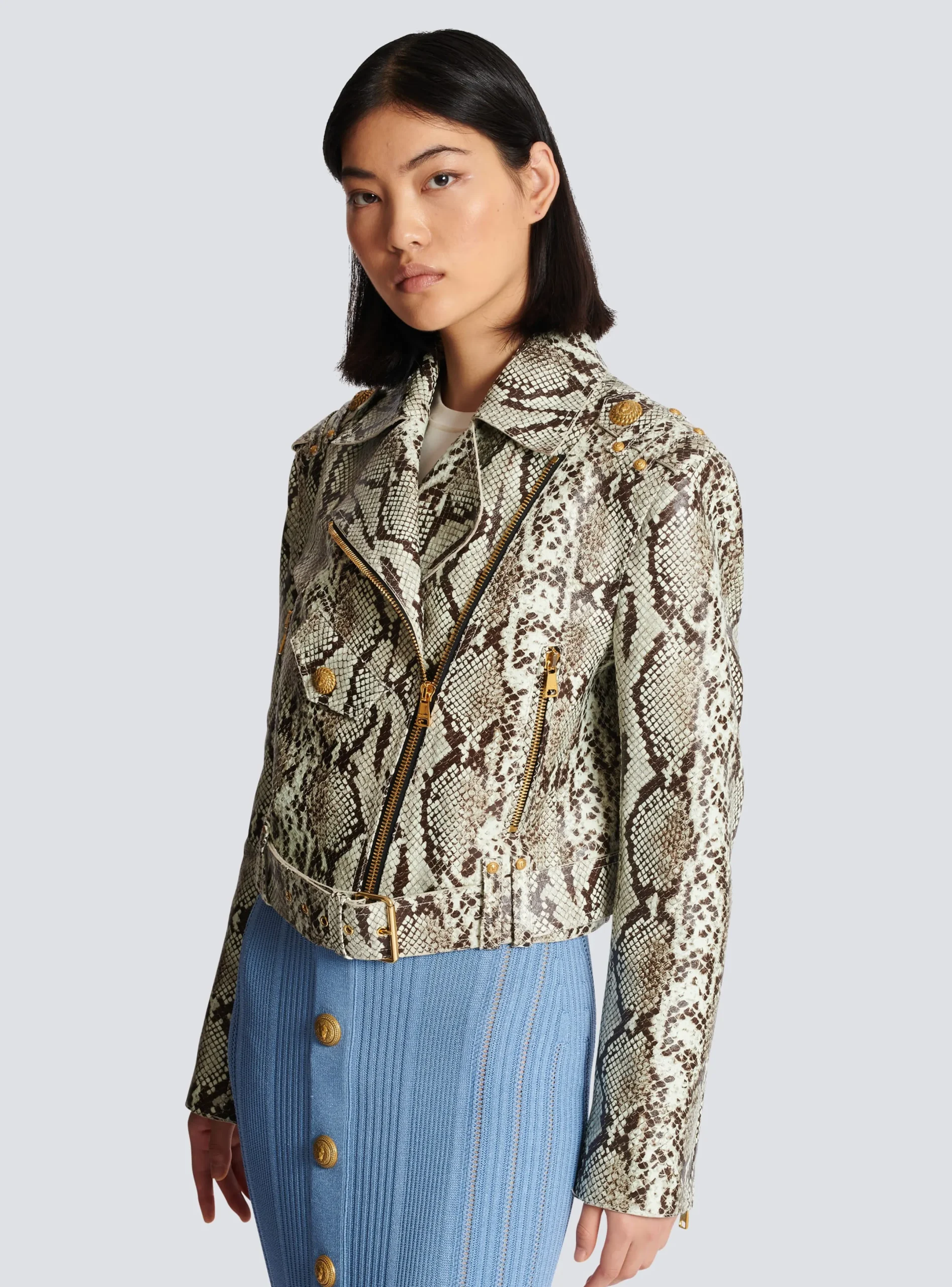 New Snakeskin-effect Leather Biker Jacket Women Outerwear