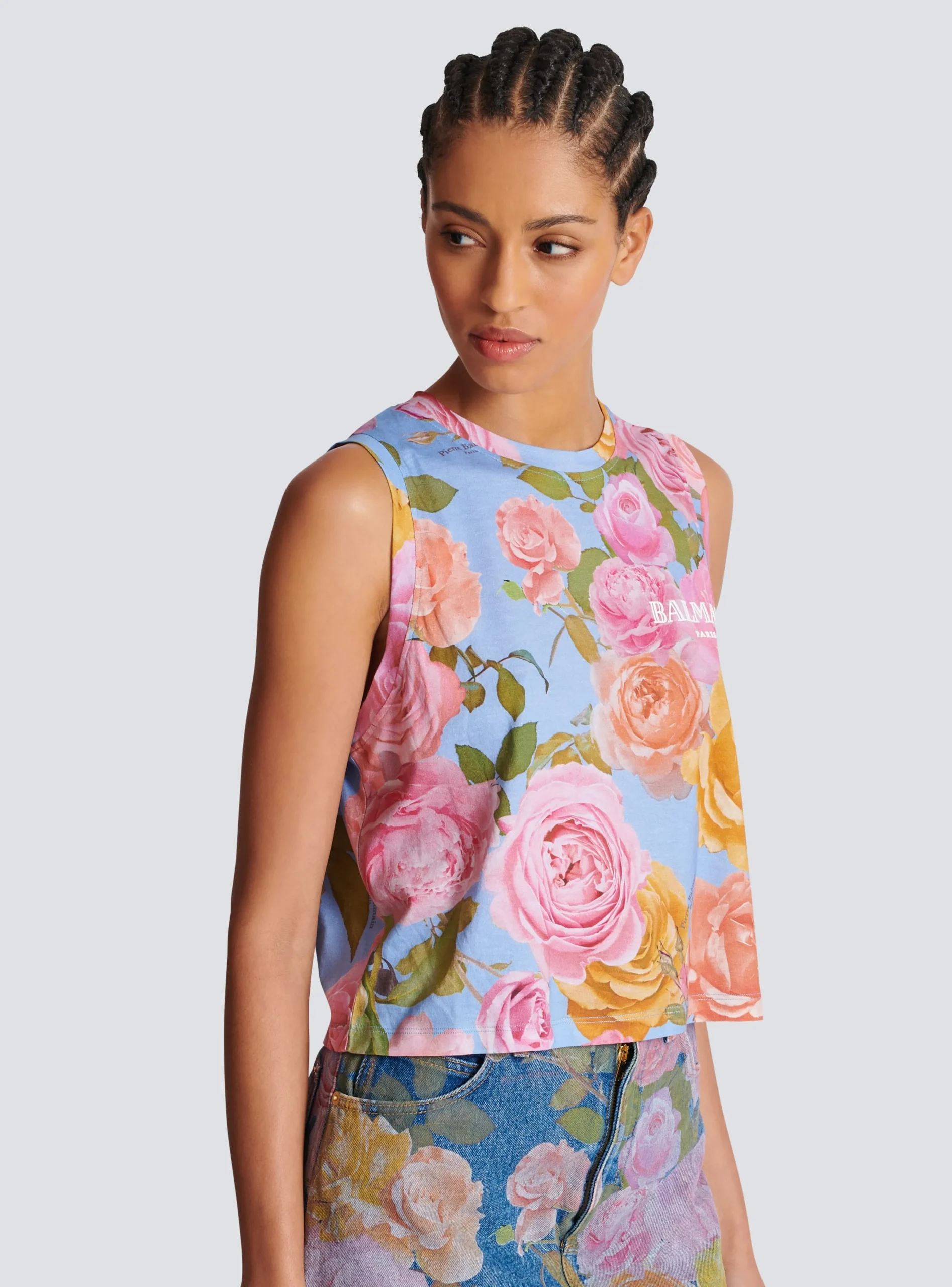 New Tank Top With Pastel Roses Print Women T-Shirts