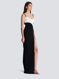 Outlet Two-tone Long Crepe Dress With Leg Slit Women Dresses