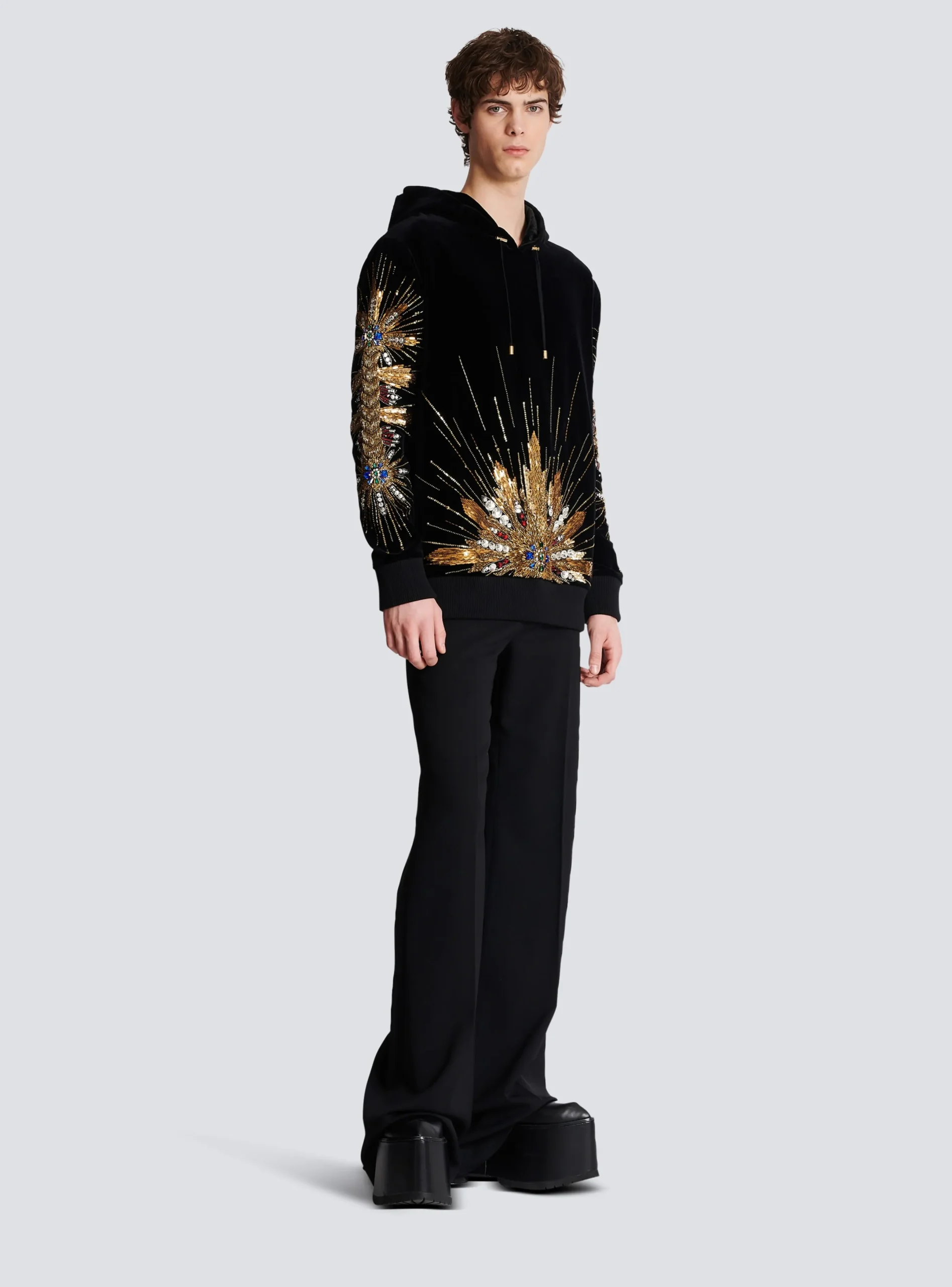 Hot Velvet Hooded Sweatshirt With Embroidery Sweatshirts